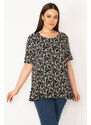 Şans Women's Plus Size Black Cotton Fabric Crew Neck Floral Pattern Tunic