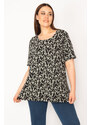 Şans Women's Plus Size Black Cotton Fabric Crew Neck Floral Pattern Tunic