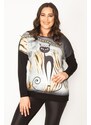 Şans Women's Plus Size Two-tone Tunic with a Black Cat Figure Print and Stone Detail