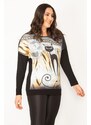 Şans Women's Plus Size Two-tone Tunic with a Black Cat Figure Print and Stone Detail