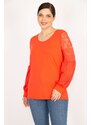 Şans Women's Pomegranate Plus Size Sleeves Tulle Lace Detailed Tunic