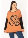 Şans Women's Plus Size Tan Glazing Front Two-tone Tunic With A Pattern And Stone Detail