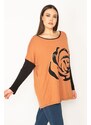 Şans Women's Plus Size Tan Glazing Front Two-tone Tunic With A Pattern And Stone Detail