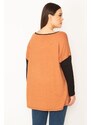 Şans Women's Plus Size Tan Glazing Front Two-tone Tunic With A Pattern And Stone Detail