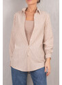 armonika Women's Mink Striped Oversize Long Basic Shirt