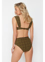 Trendyol Khaki Gingham Textured Accessory Textured High Waist Regular Bikini Bottom