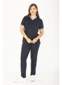 Şans Women's Plus Size Navy Blue Ribanall Short-Sleeved Blouse, Pants, Tracksuit Suit