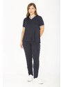 Şans Women's Plus Size Navy Blue Ribanall Short-Sleeved Blouse, Pants, Tracksuit Suit