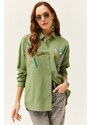 Olalook Women's Mustard Green Color Sequin Stick Woven Shirt