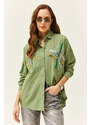 Olalook Women's Mustard Green Color Sequin Stick Woven Shirt