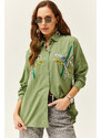 Olalook Women's Mustard Green Color Sequin Stick Woven Shirt