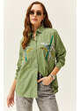 Olalook Women's Mustard Green Color Sequin Stick Woven Shirt