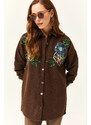 Olalook Women's Floral Dark Brown Stamp Detail Oversize Stamp Shirt