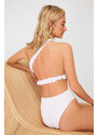 Trendyol Bridal White Single Shoulder Gathered Textured High Leg Regular Swimsuit