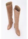 LuviShoes Decer Women's Dark Beige Print Heeled Boots.