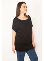 Şans Women's Plus Size Black Crew Neck Low-Sleeve Tunic with Tapeed Hem