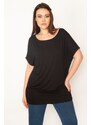 Şans Women's Plus Size Black Crew Neck Low-Sleeve Tunic with Tapeed Hem