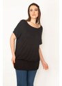 Şans Women's Plus Size Black Crew Neck Low-Sleeve Tunic with Tapeed Hem