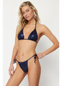 Trendyol Navy Blue Triangle Tunnel Shiny Lacquer Printed High Leg Regular Bikini Set