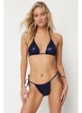 Trendyol Navy Blue Triangle Tunnel Shiny Lacquer Printed High Leg Regular Bikini Set