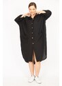 Şans Women's Black Plus Size Relaxed Cut, Buttoned Shirt Collar Dress