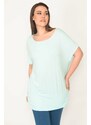 Şans Women's Plus Size Cyan Green Crew Neck Hem Tape Low Sleeve Tunic