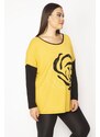 Şans Women's Plus Size Mustard Front Flocked Pattern And Stone Detailed Two-tone Tunic