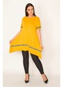 Şans Women's Plus Size Mustard Stripe Detailed Asymmetric Tunic