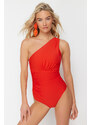 Trendyol Red One-Shoulder Draped Regular Swimsuit