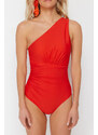 Trendyol Red One-Shoulder Draped Regular Swimsuit