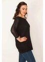 Şans Women's Plus Size Black Sleeve Tulle And Sequin Detail V-Neck Blouse