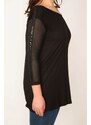 Şans Women's Plus Size Black Sleeve Tulle And Sequin Detail V-Neck Blouse