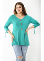 Şans Women's Plus Size Green Cotton Fabric Ornamental Buttoned Sleeve Laced Blouse