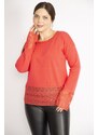 Şans Women's Pomegranate Plus Size Sleeve And Hem Lace Detail Blouse