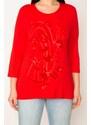 Şans Women's Plus Size Red Flocked Front Patterned Blouse