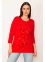 Şans Women's Plus Size Red Flocked Front Patterned Blouse