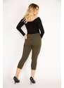 Şans Women's Plus Size Khaki Leggings With Front Ornamental Pockets And Back Pockets Capri