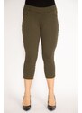 Şans Women's Plus Size Khaki Leggings With Front Ornamental Pockets And Back Pockets Capri