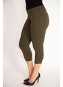 Şans Women's Plus Size Khaki Leggings With Front Ornamental Pockets And Back Pockets Capri