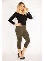 Şans Women's Plus Size Khaki Leggings With Front Ornamental Pockets And Back Pockets Capri