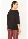 Şans Women's Large Size Black V-Neck Capri Sleeve Blouse