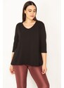 Şans Women's Large Size Black V-Neck Capri Sleeve Blouse