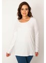 Şans Women's Plus Size White Cotton Fabric Crewneck Blouse
