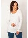 Şans Women's Plus Size White Cotton Fabric Crewneck Blouse