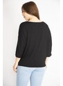 Şans Women's Black Plus Size Crew Neck Capri Sleeve Blouse