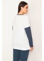 Şans Women's White Cotton Fabric Long Sleeve Color Combination Blouse