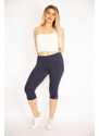 Şans Women's Plus Size Navy Blue Lycra Jersey Leggings With Side Stripes Trousers