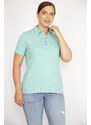 Şans Women's Green Plus Size Polo Collar Front Pat Buttoned Camisole Fabric Short Sleeve Blouse