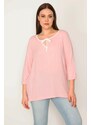 Şans Women's Plus Size Pink Kiss Collar Tapered Capri Sleeve Blouse