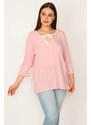 Şans Women's Plus Size Pink Kiss Collar Tapered Capri Sleeve Blouse